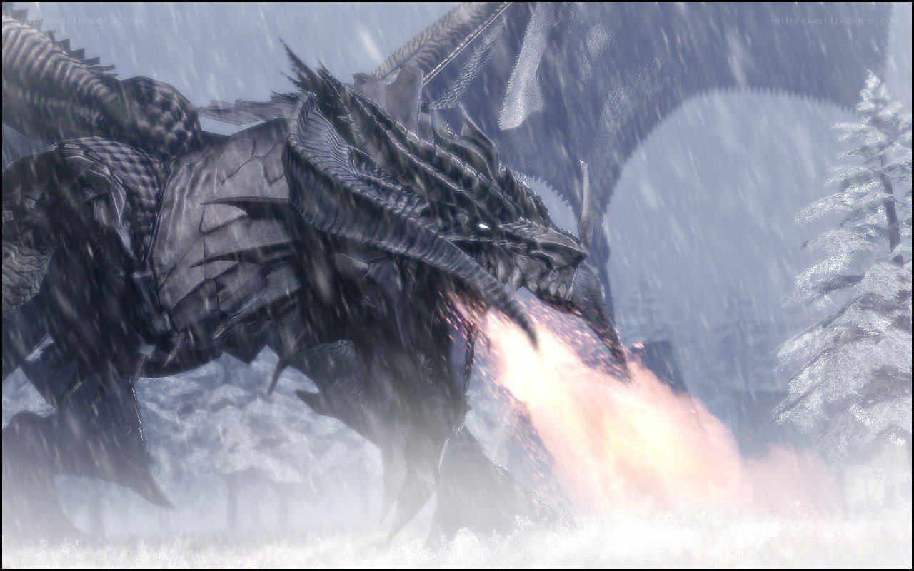 dragon breathing fire in snow