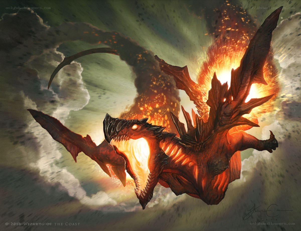 dragon breathing fire in storm