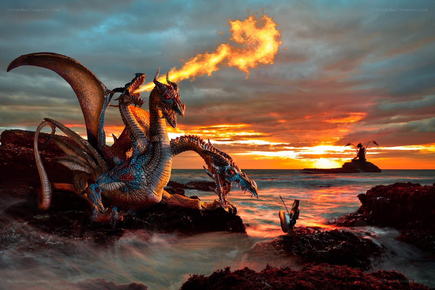 Dragon breathing fire on a beach