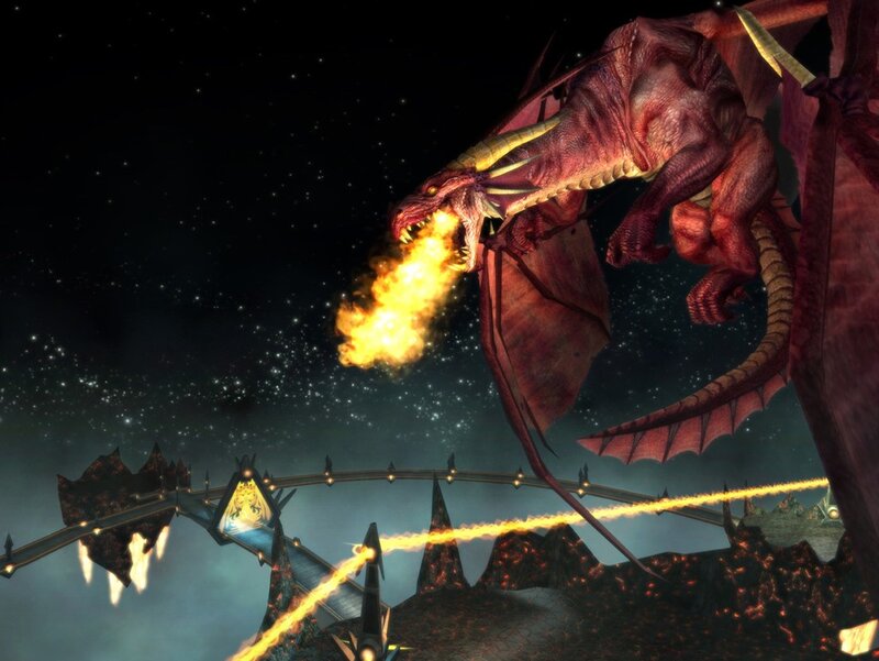 dragon breathing fire on bridge