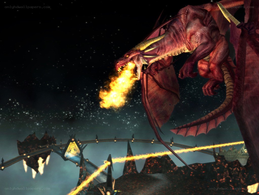 dragon breathing fire on bridge