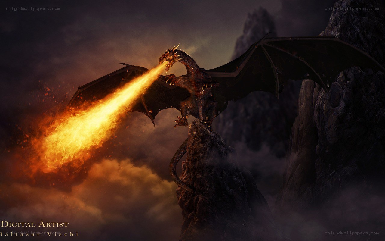 dragon breathing fire on mountain