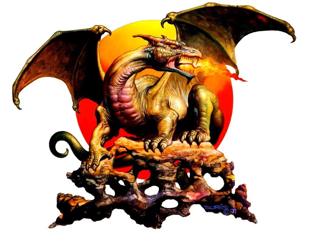 dragon breathing fire on rock