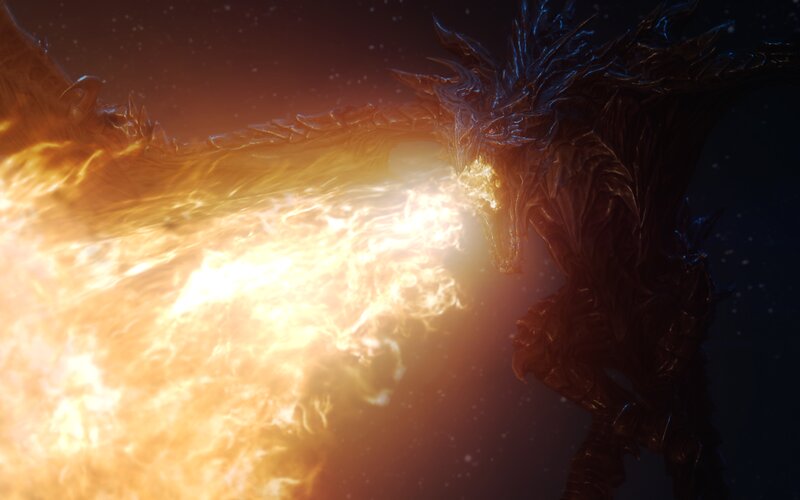 Dragon Breathing Fire — Orange, Dramatic, Night, 3d Render