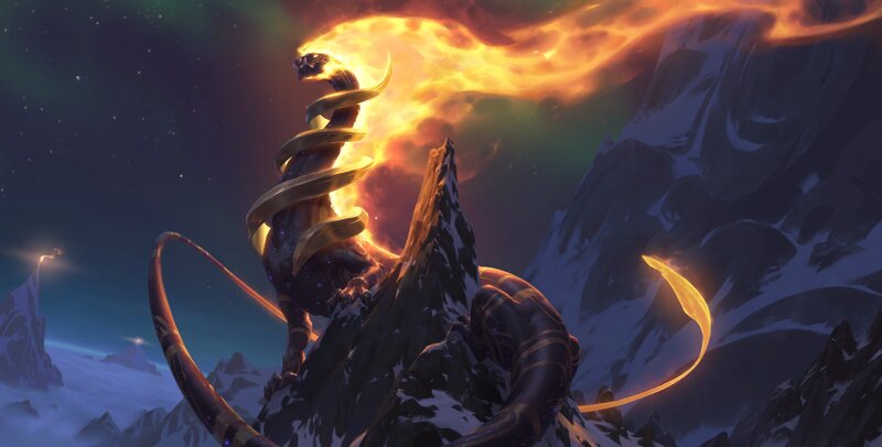 Dragon Breathing Fire — Orange, Dramatic, Night, Digital Art, Mountain