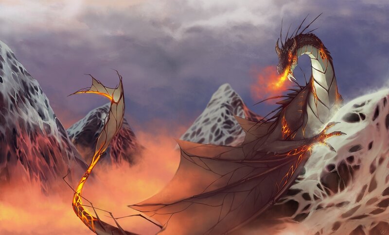 Dragon Breathing Fire — Orange, Dramatic, Sunset, Digital Art, Mountains, Sky, Purple