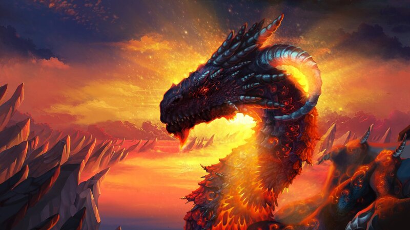 Dragon Breathing Fire — Orange, Dramatic, Sunset, Digital Art
