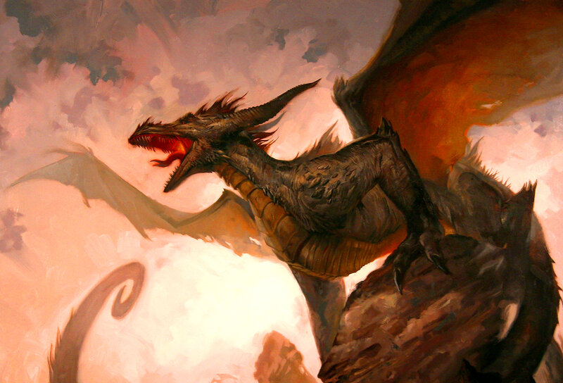 Dragon Breathing Fire — Orange, Dramatic, Sunset, Painting