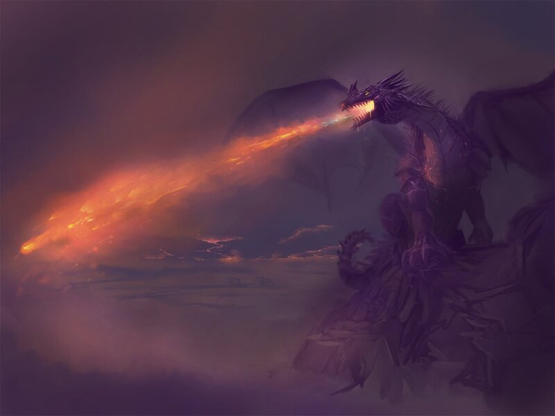 Dragon Breathing Fire — Purple, Dramatic, Night, Digital Art