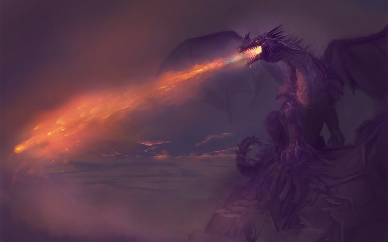Dragon Breathing Fire — Purple, Dramatic, Night