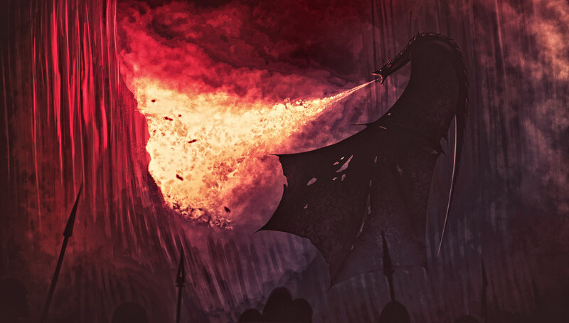 Dragon Breathing Fire — Red, Dramatic, Digital Art, Swords