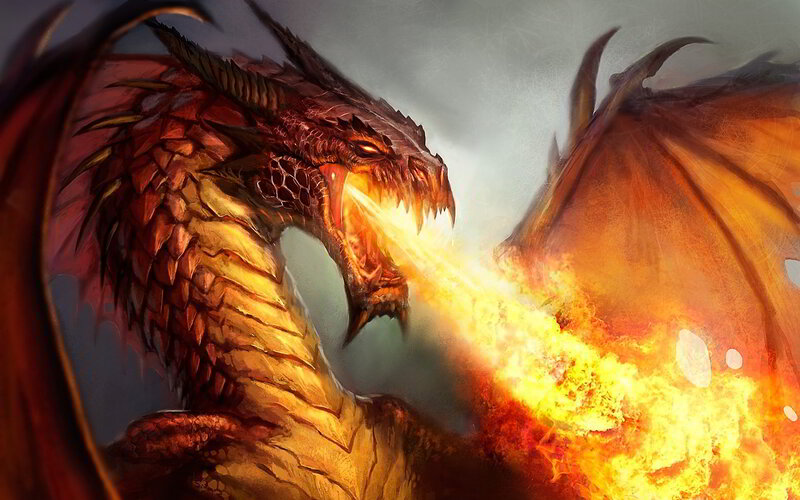Dragon Breathing Fire — Red, Dramatic, Digital Art, Wings, Scales