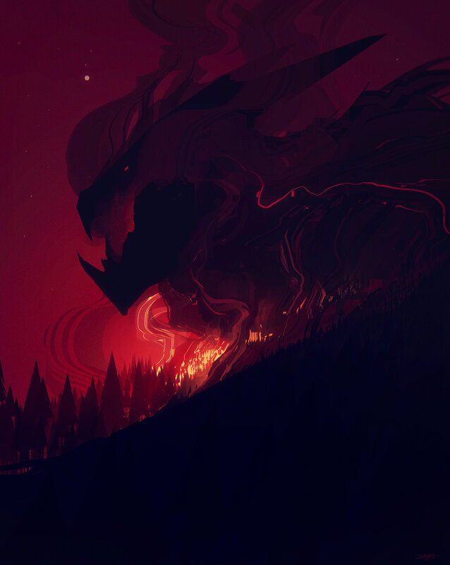 Dragon Breathing Fire — Red, Dramatic, Night, Digital Art, Forest