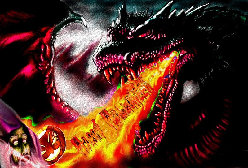 Dragon Breathing Fire — Red, Dramatic, Night, Digital Art, Pumpkin