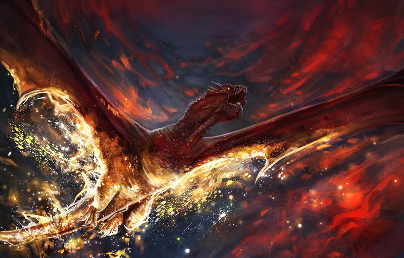 Dragon Breathing Fire — Red, Dramatic, Night, Digital Art, Wings