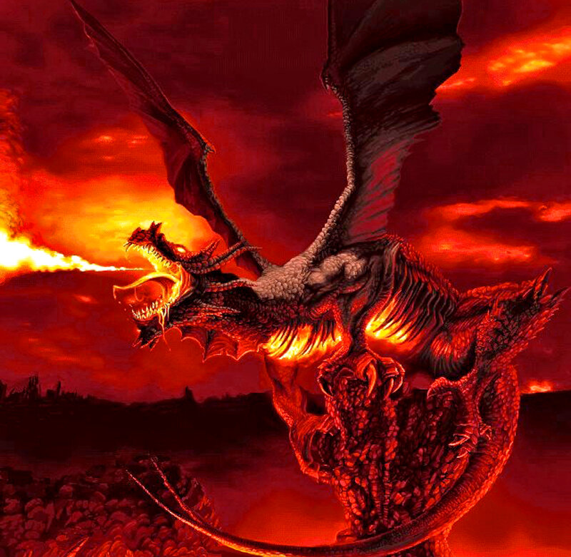 Dragon Breathing Fire — Red, Dramatic, Sunset, Digital Art