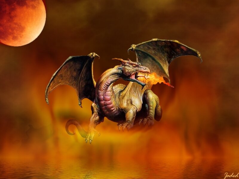 dragon breathing fire under red moon
