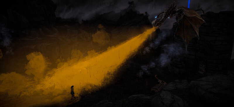 Dragon Breathing Fire — Yellow, Dark, Dramatic