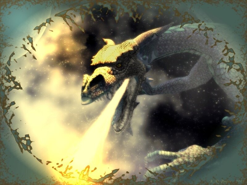 Dragon Breathing Fire — Yellow, Dramatic, Night, Digital Art