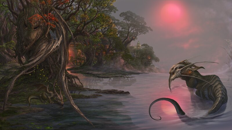 Dragon by the river at sunset