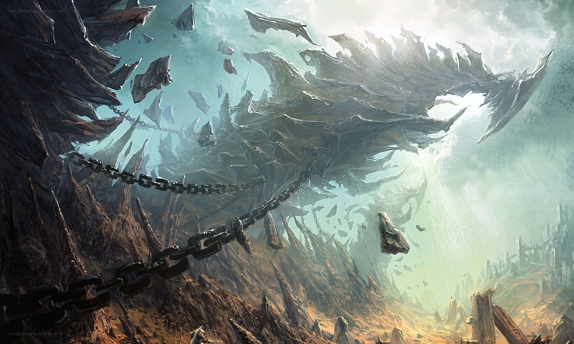 dragon chained in a canyon