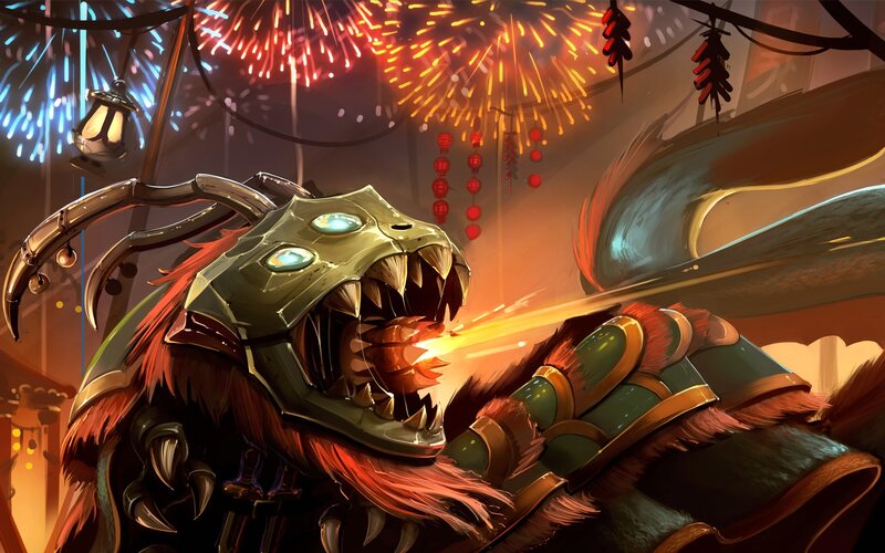 dragon character with fireworks