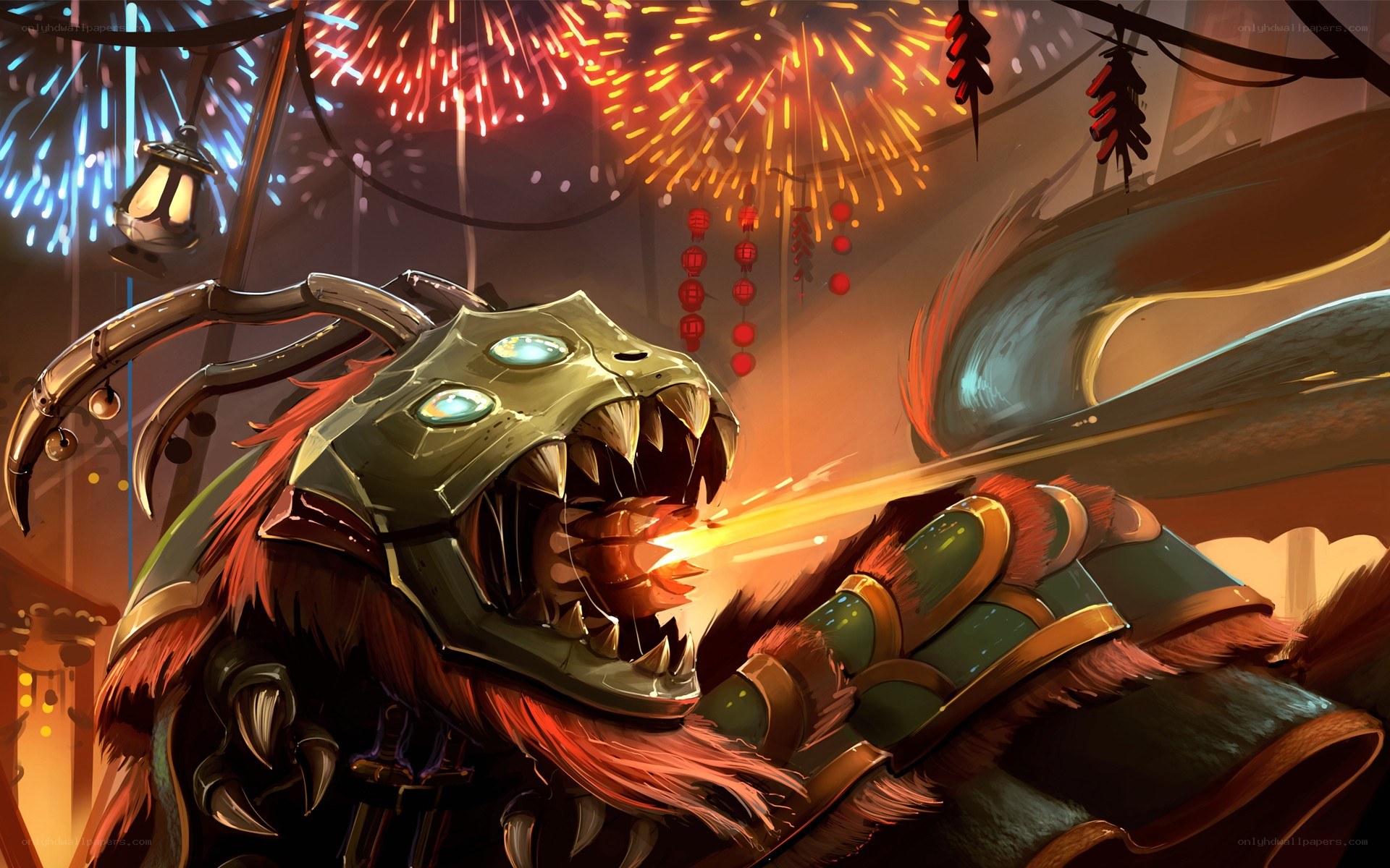 dragon character with fireworks