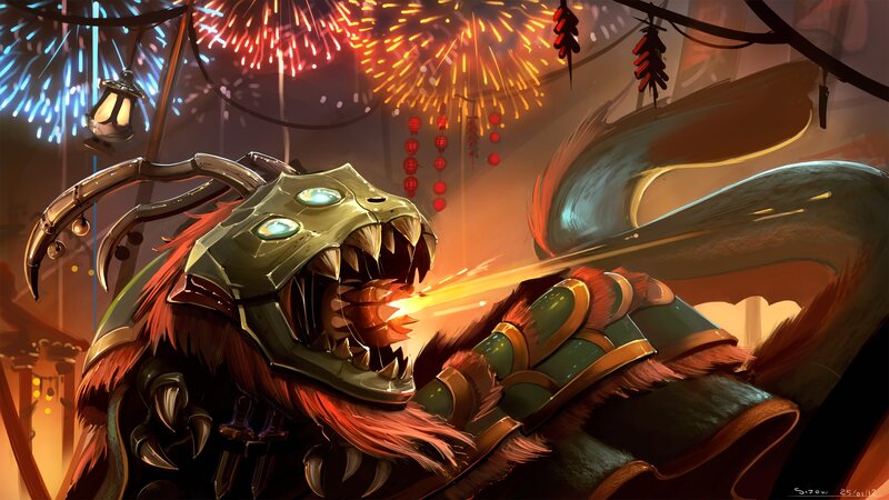 dragon character with fireworks