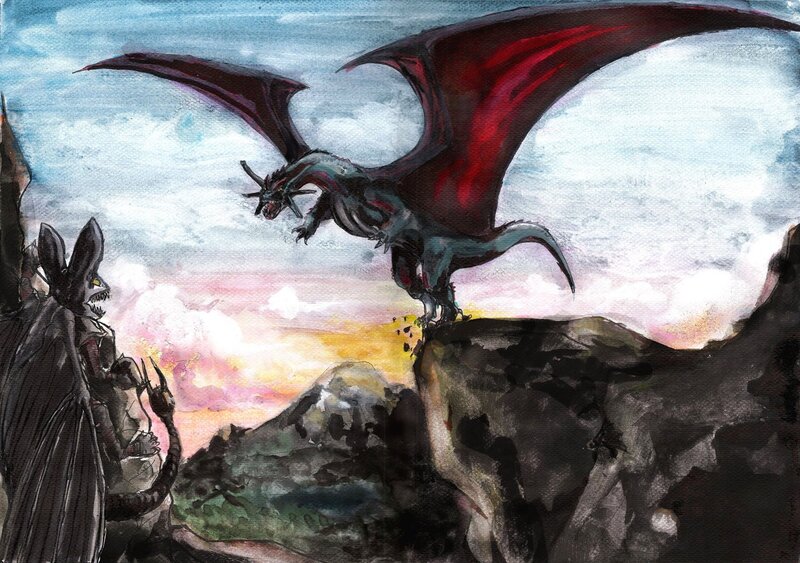 dragon confrontation on a cliff