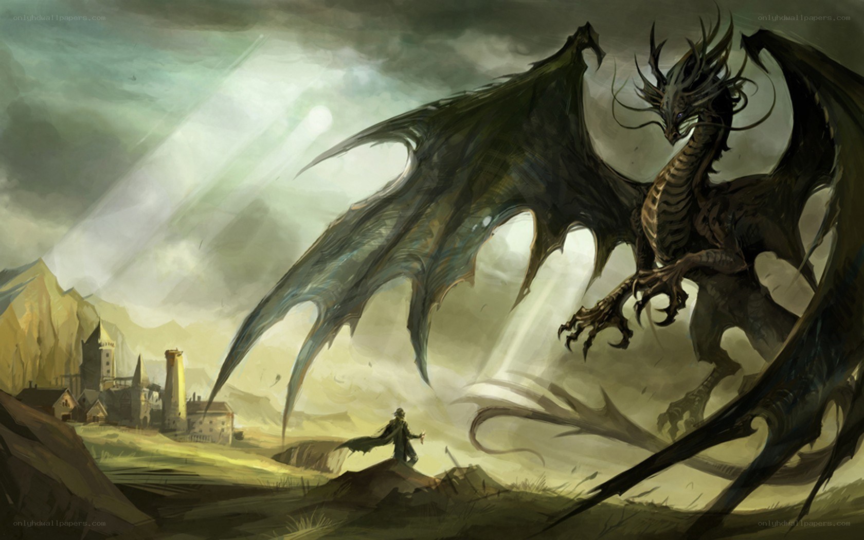 dragon confronting a lone figure