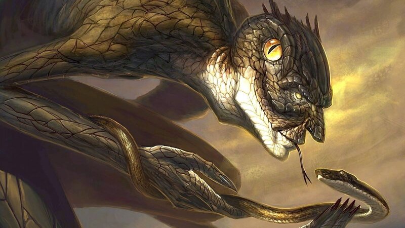 dragon confronting a snake