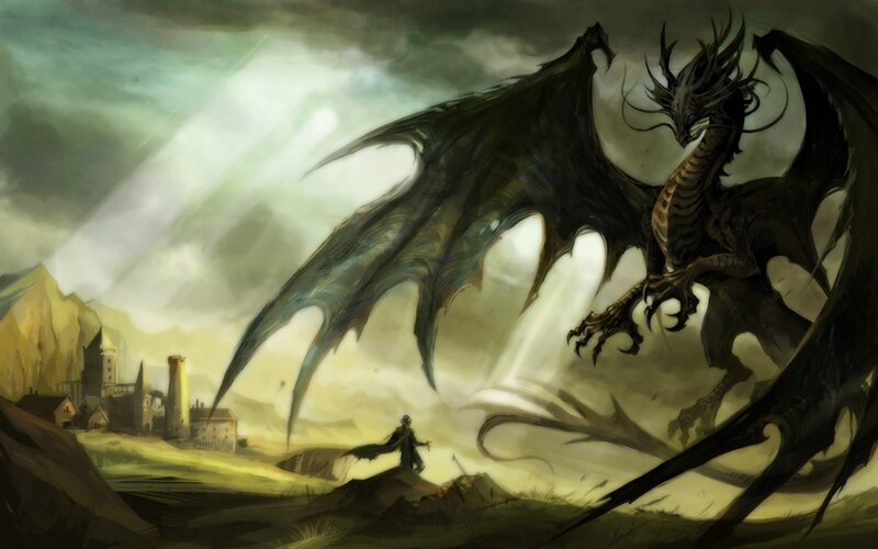 Dragon Confronting Warrior — Black, Dramatic, Sunset