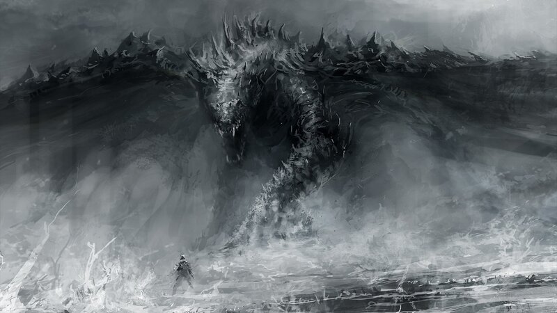 Dragon Confronting Warrior — Gray