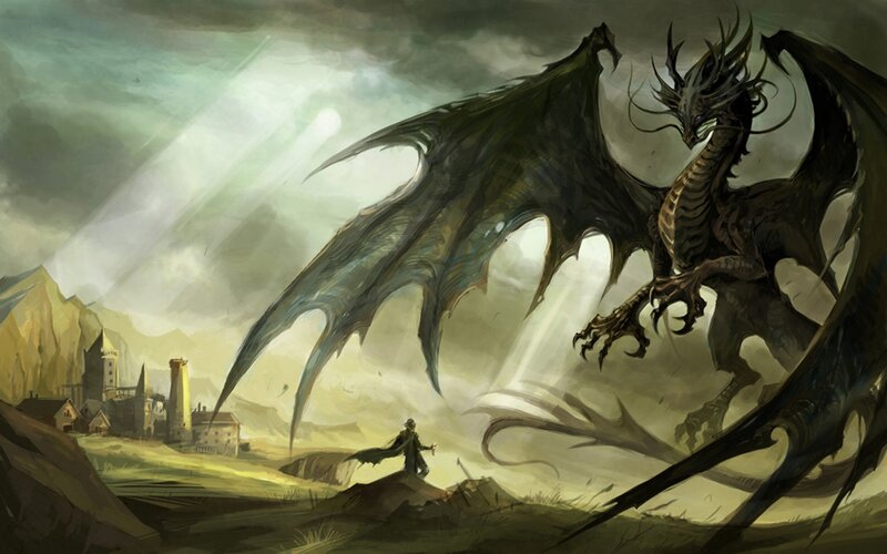 Dragon Confronting Warrior — Green, Dramatic, Afternoon, Digital Art