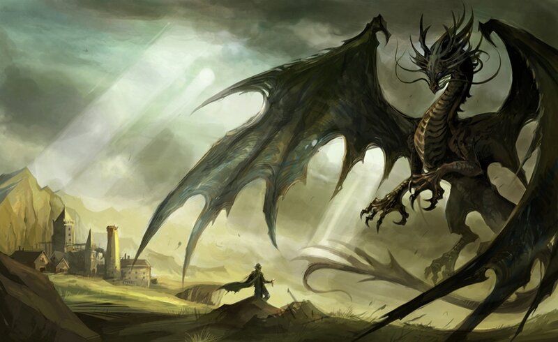 Dragon Confronting Warrior — Green, Dramatic, Afternoon