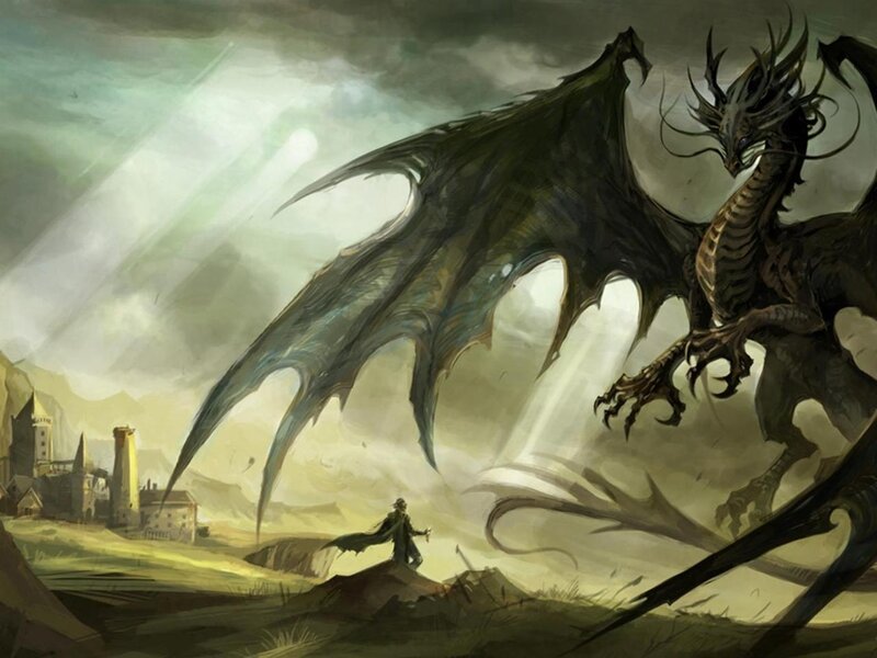 Dragon Confronting Warrior — Green, Dramatic