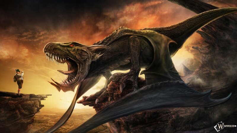 Dragon Confronting Warrior — Orange, Dramatic