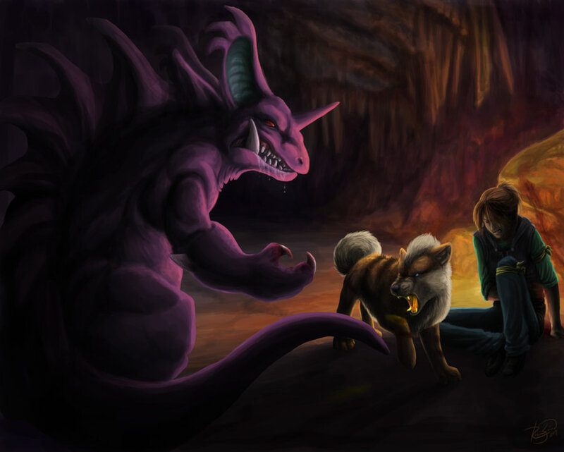 Dragon confronts hero in cave