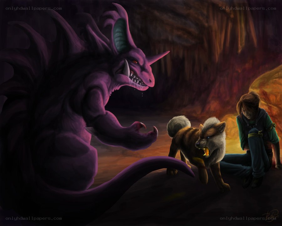 Dragon confronts hero in cave