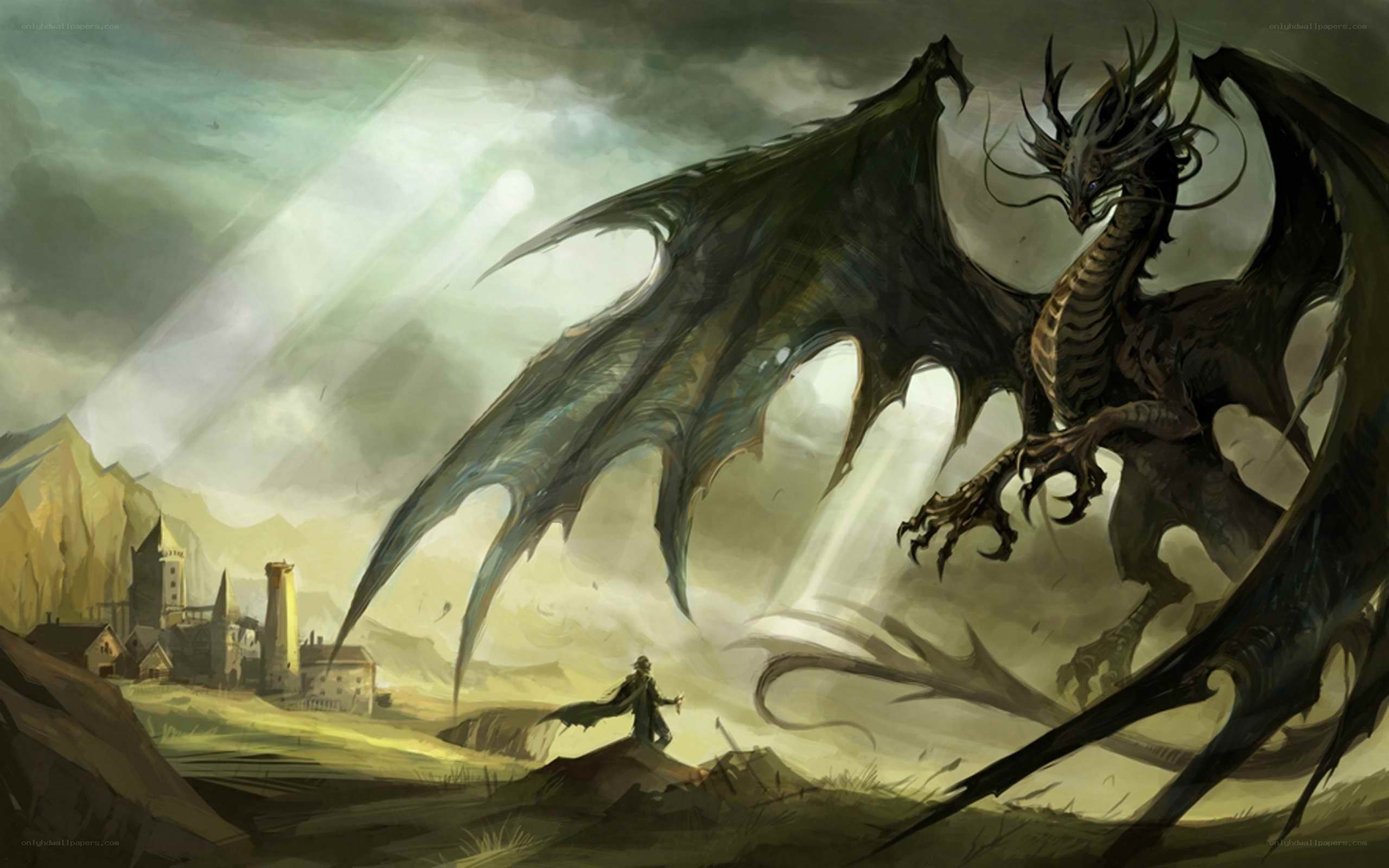 dragon confronts lone figure