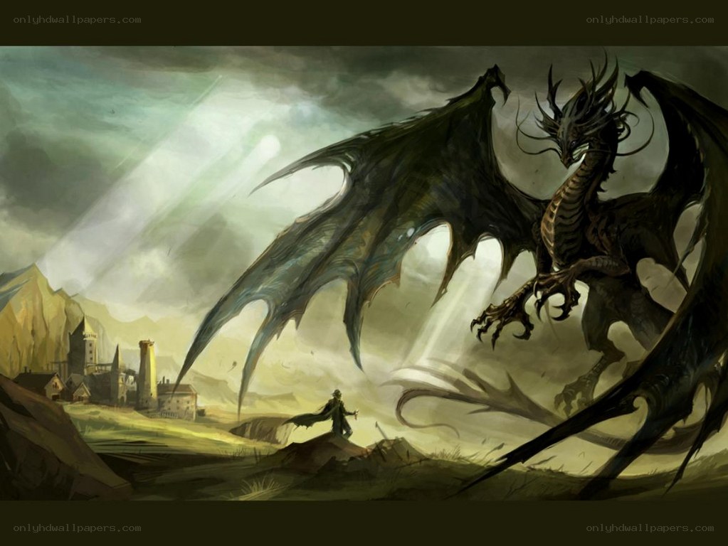 dragon confronts lone figure