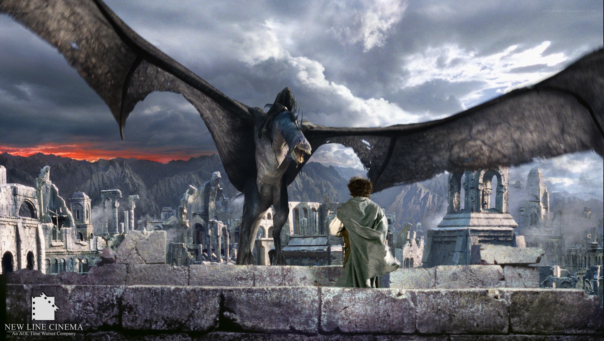 dragon confronts lone figure