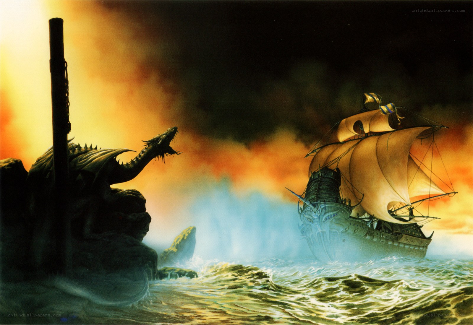 Dragon confronts ship at sea