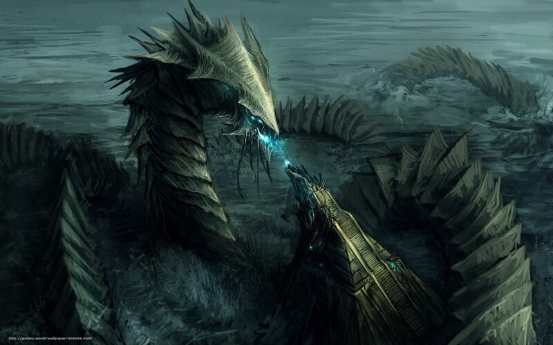 dragon confronts ship in storm
