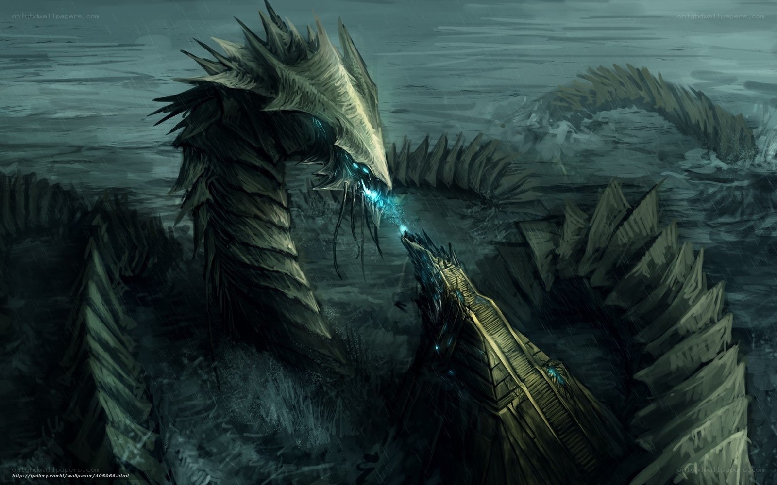 dragon confronts ship in storm