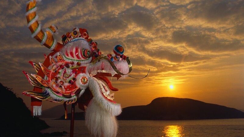 Dragon dance at sunset