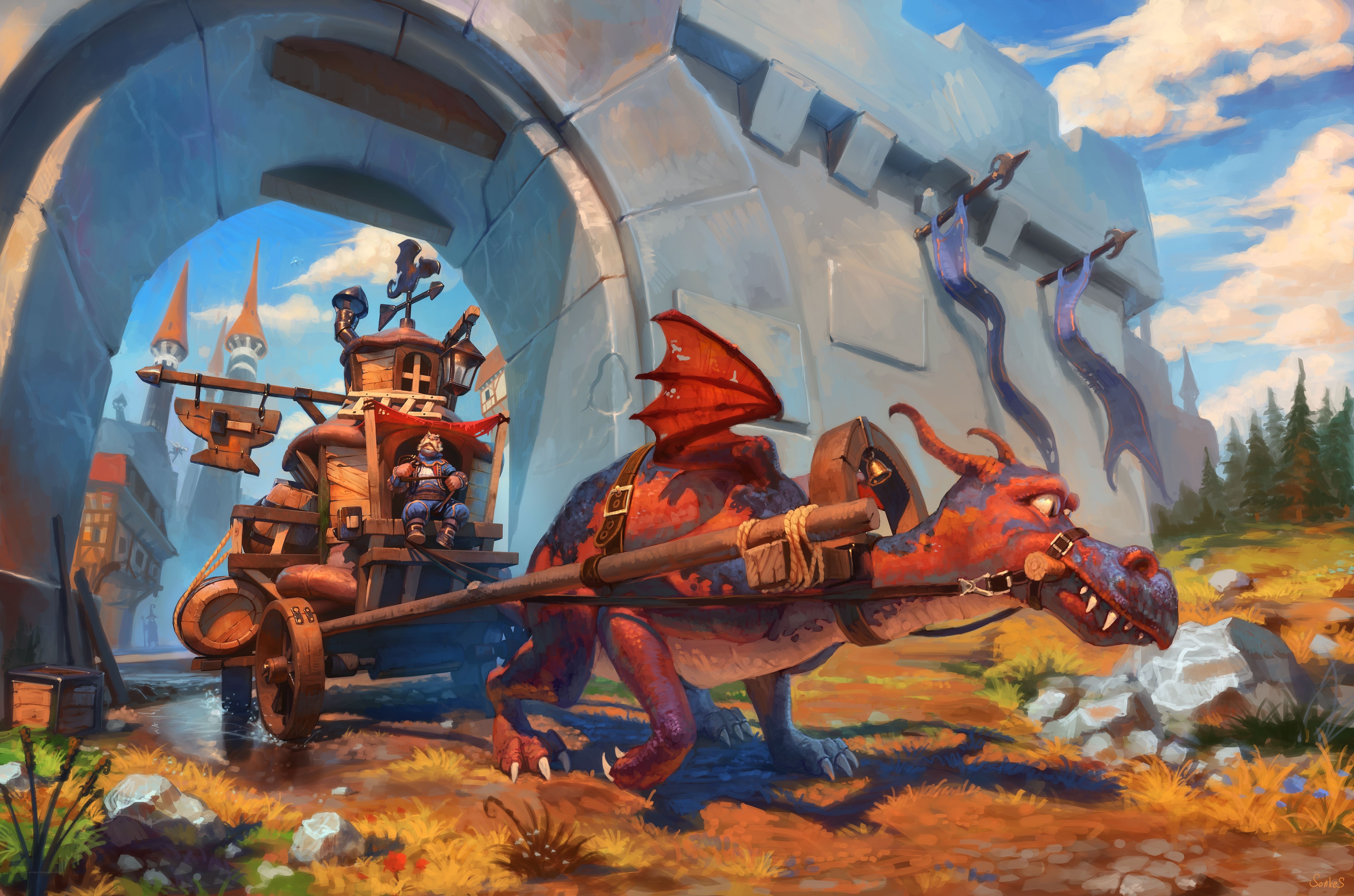dragon-drawn cart at castle gate