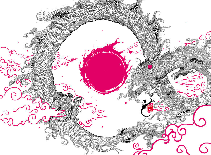 Dragon encircling a red sun