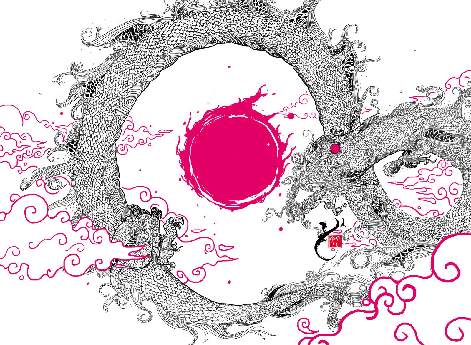 Dragon encircling a red sun