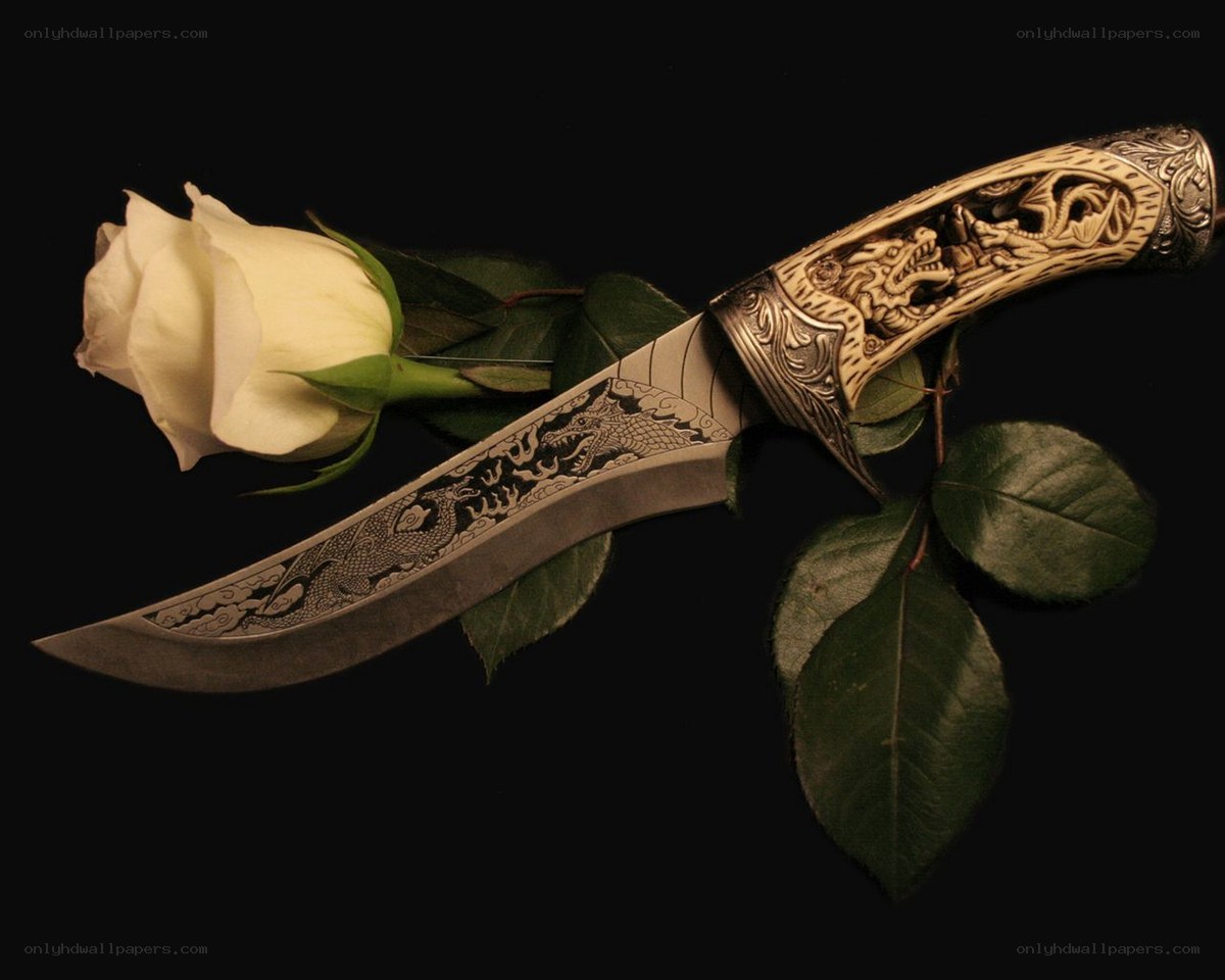 Dragon-etched knife with white rose
